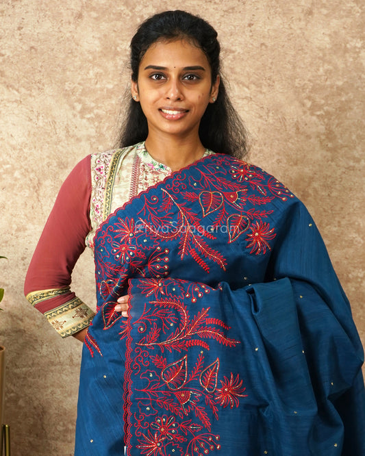 Blue with Red Embroidery Tussar - PD4633