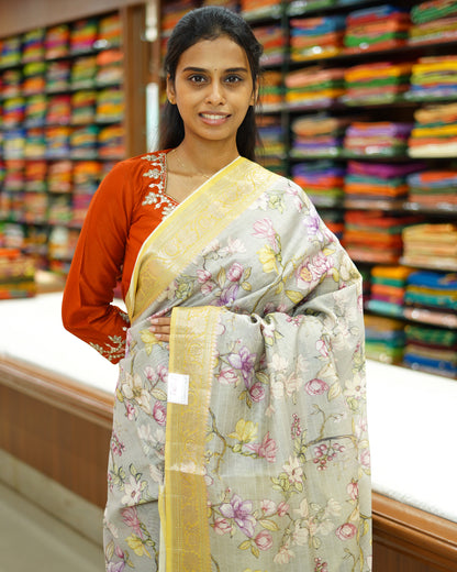 Chrome Grey Floral Silk Cotton - PD867