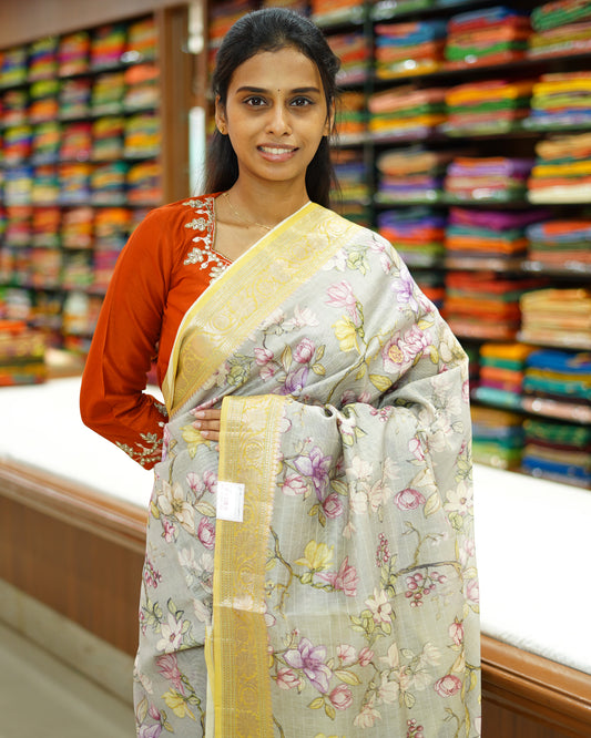 Chrome Grey Floral Silk Cotton - PD867