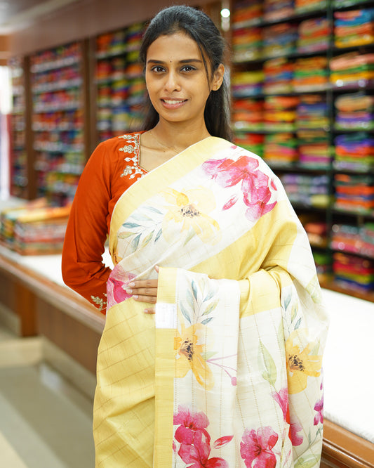 Light Yellow Floral Tussar - PD816