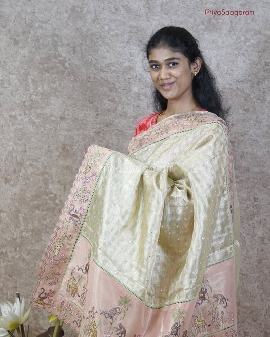 Shining Gold Wildlife Embroidery Tissue Silk - PC3566
