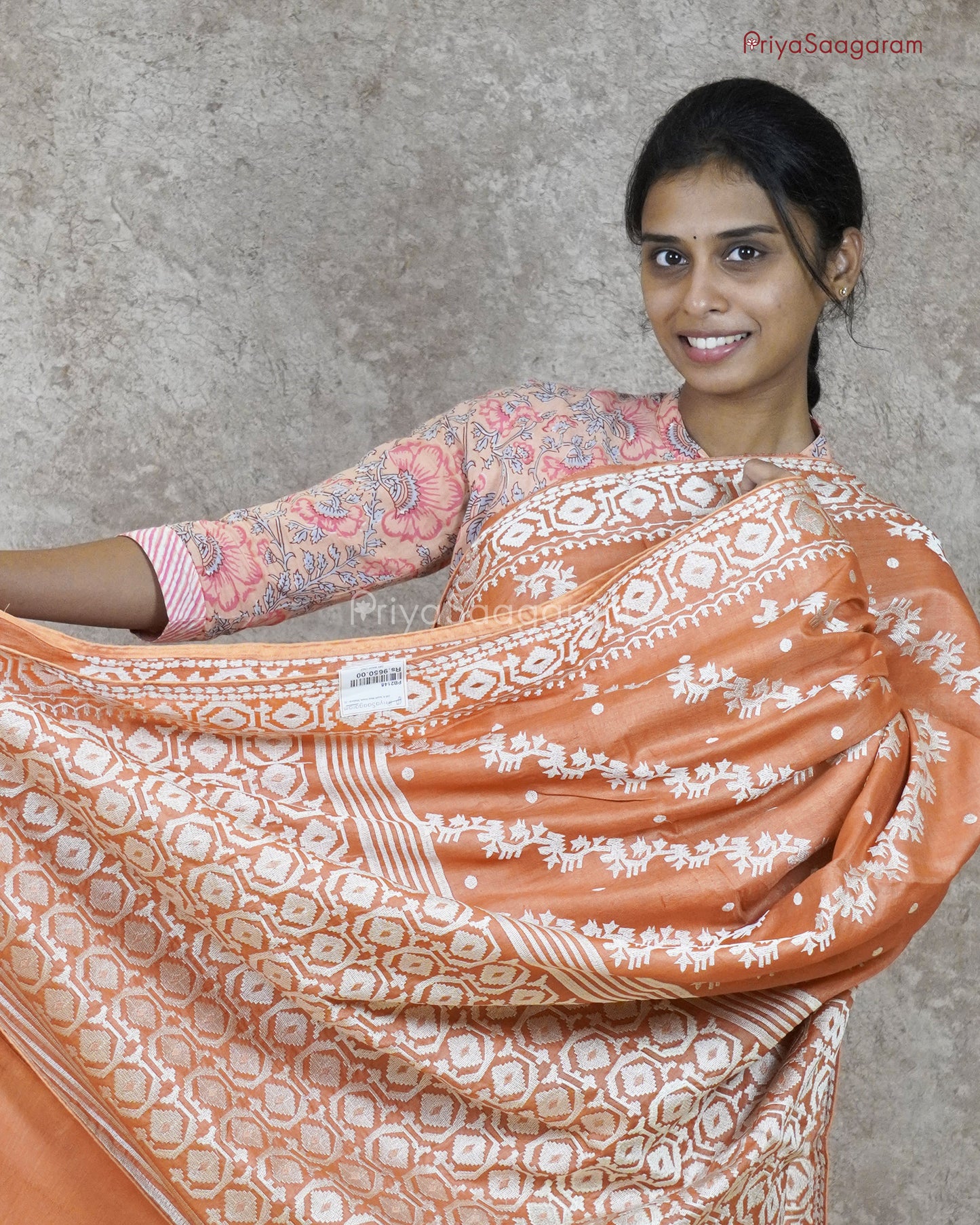 Warm Orange Embroidery Tussar - PB2148