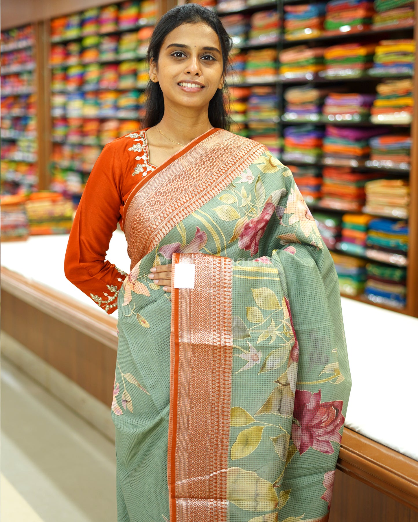 Fern Green Floral Supernet Silk Cotton - PD881