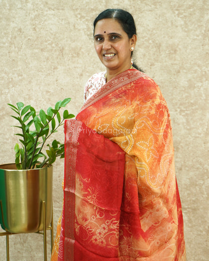 Red Orange Bandhani Crepe Georgette - PE371