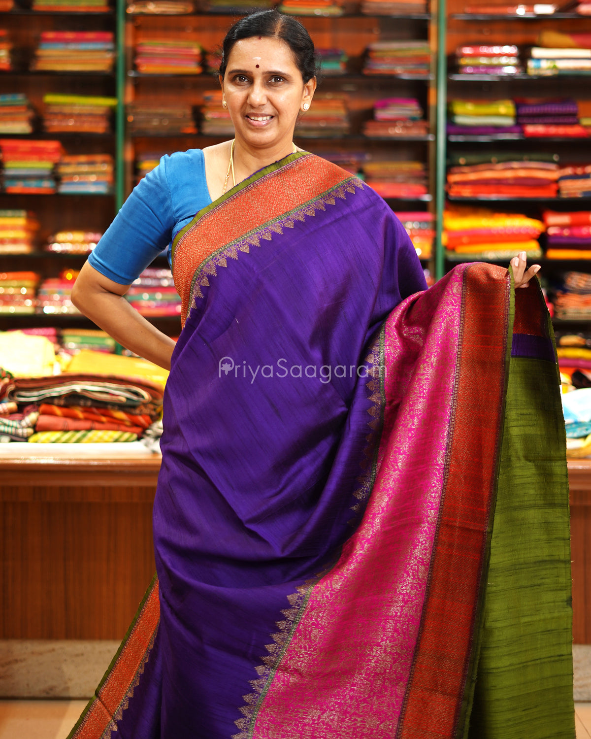 Violet Multi Colour Border Matka Silk - PE5804