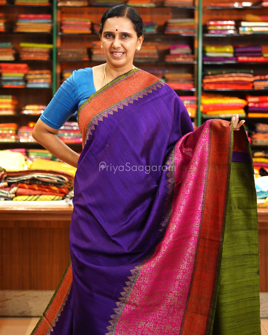 Violet Multi Colour Border Matka Silk - PE5804