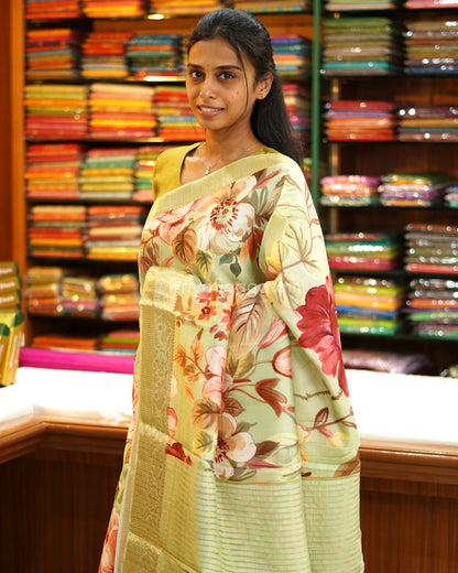Pistachio Green Floral Chiniya Silk - PD987