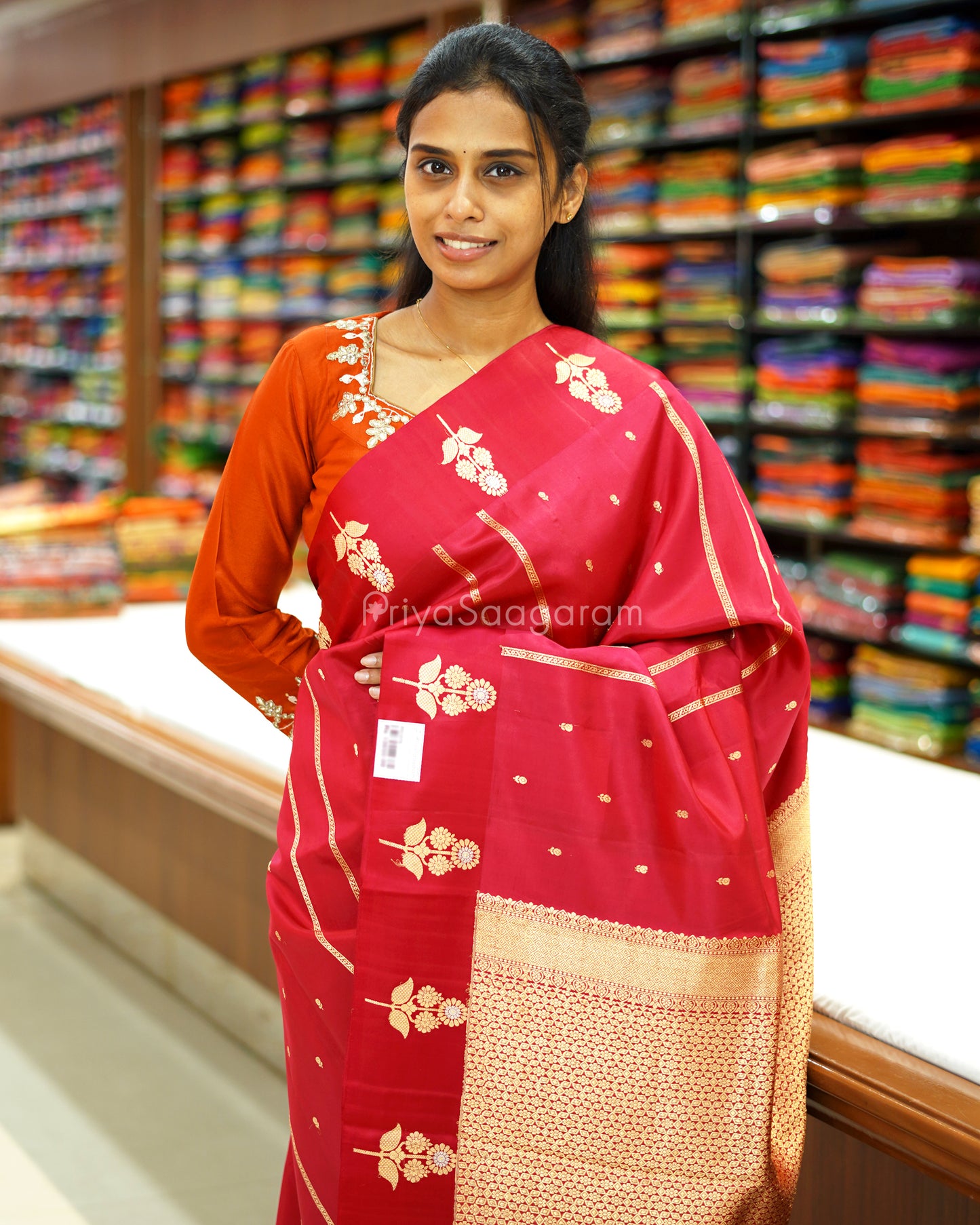 Dark Pink Satin Border Raw Mango Silk - PD1075