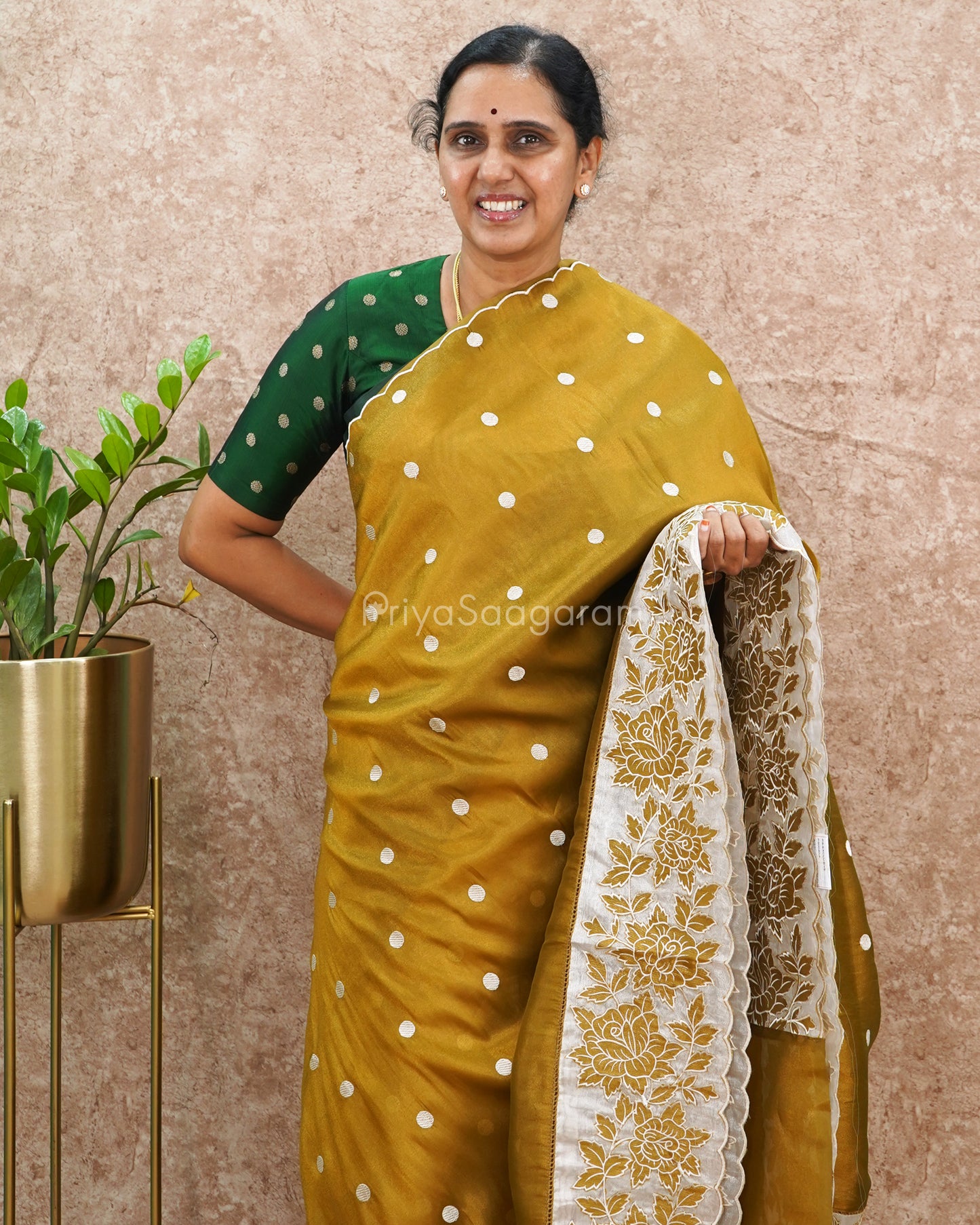 Olive Green Polka Dots Tissue Silk - PD5001