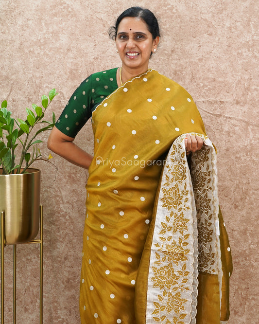 Olive Green Polka Dots Tissue Silk - PD5001