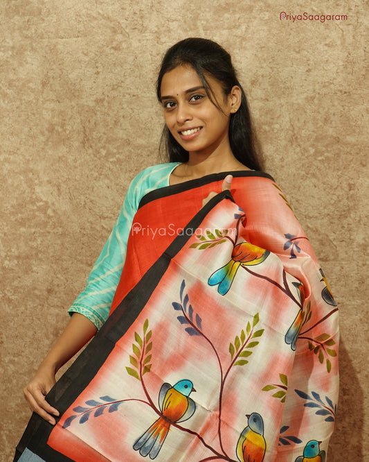 Red Bird Handpainted Murshidabad Tussar - PD587