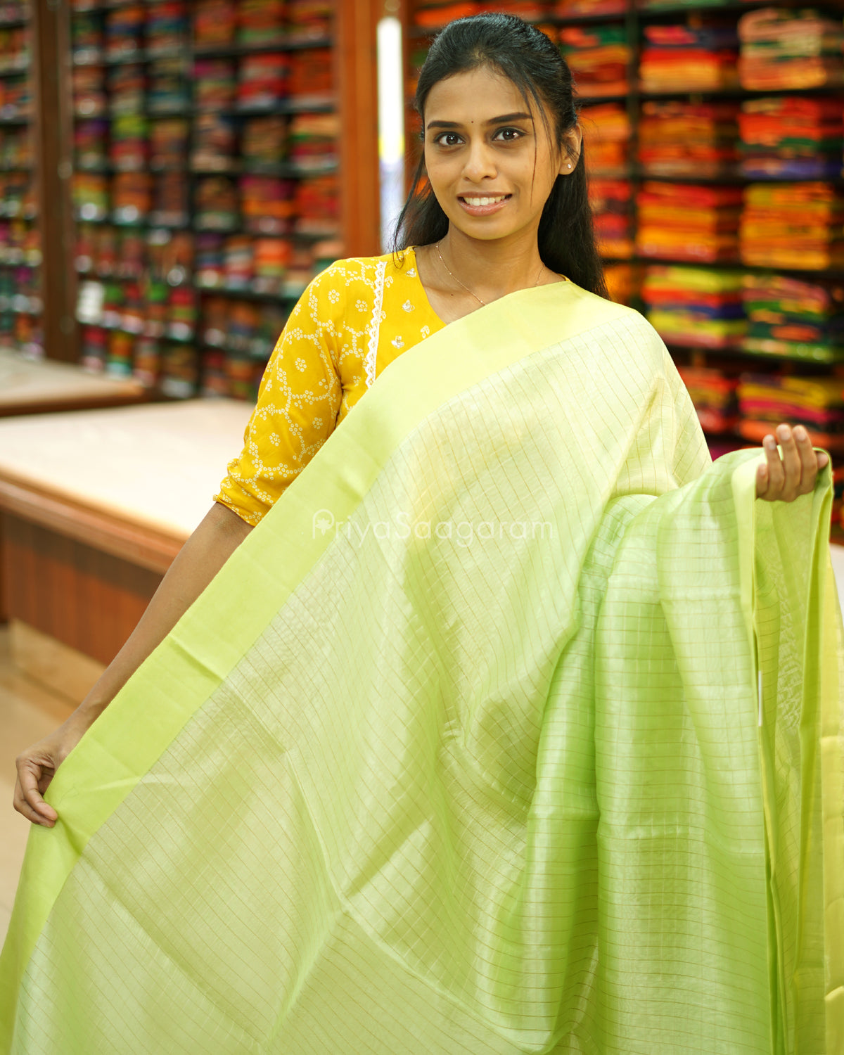 Green Satin Border Checked Tussar - PE2784