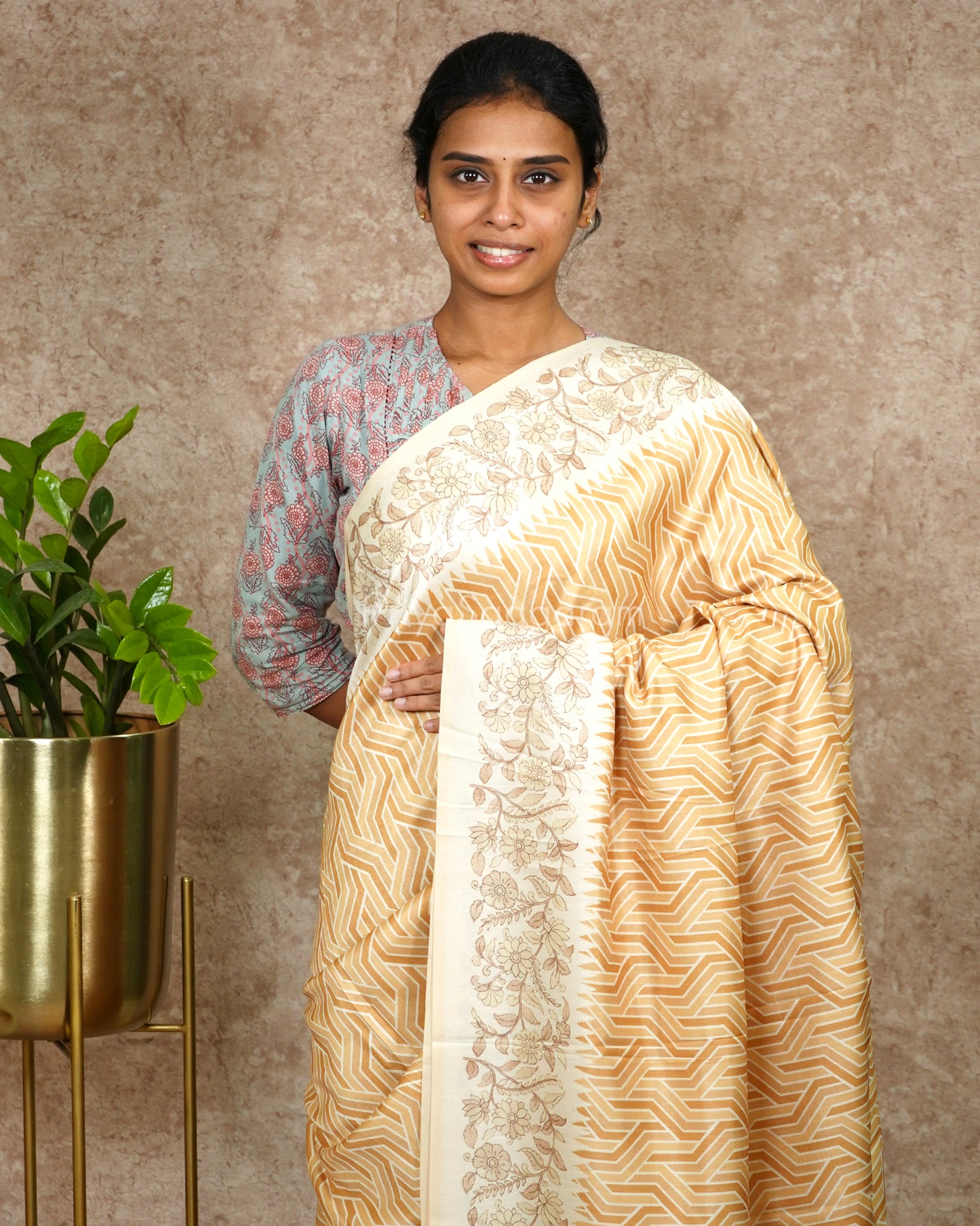 Yellow Geometric Floral Tussar - PD4448