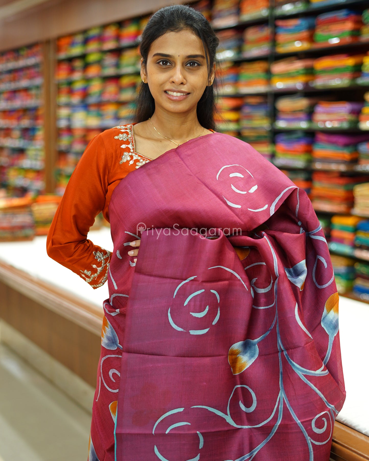 Maroon Blue Handpainted Murshidabad Tussar - PD582