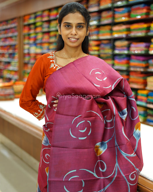 Maroon Blue Handpainted Murshidabad Tussar - PD582