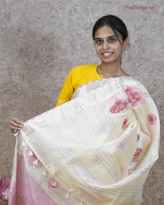 Dreamy Cream Floral Tussar - PC3293