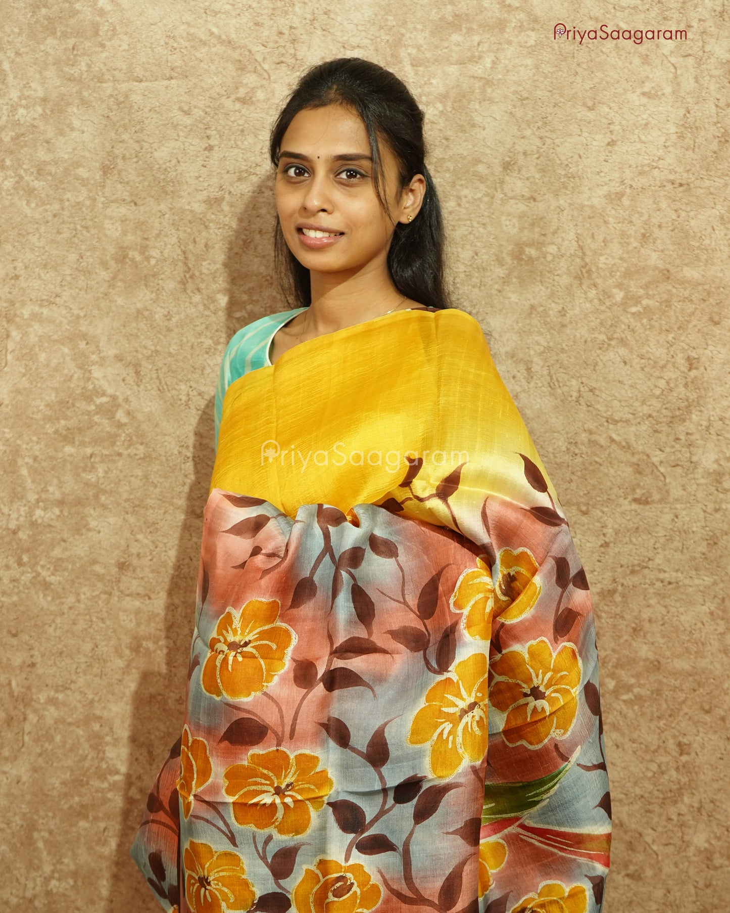 Yellow Floral Handpainted Murshidabad Tussar - PD593