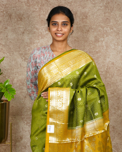 Green Yellow Checked Chiniya Silk - PD4524