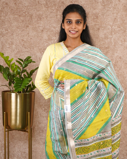 Blue Green Handpainted Chanderi Cotton - PD4907