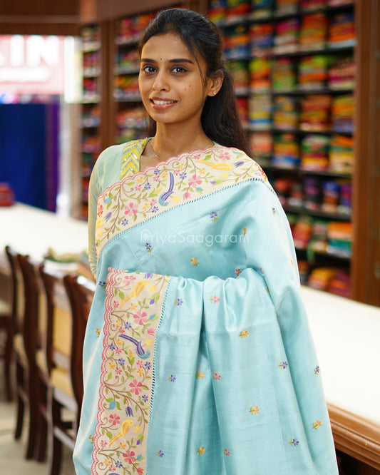 Pastel Blue Embroidery Tussar - PD3866