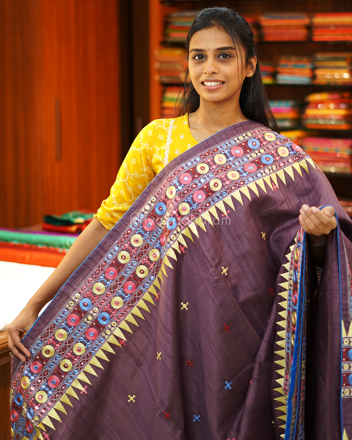 Brownish Purple Lambani Work Tussar - PE388