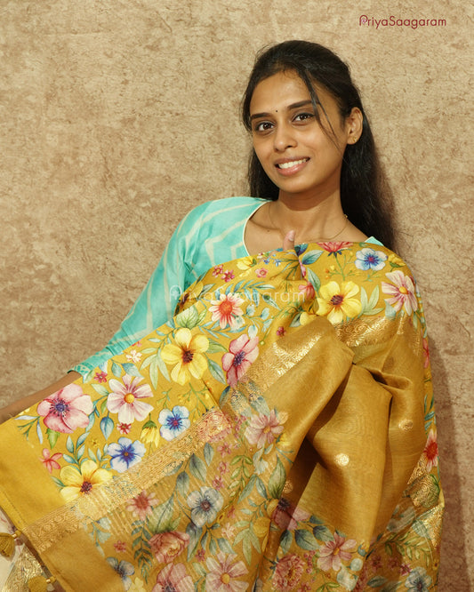 Golden Yellow Floral Kora Silk - PD821