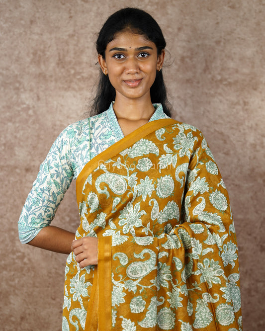 Kalamkari Printed Mustard Chanderi - PD574