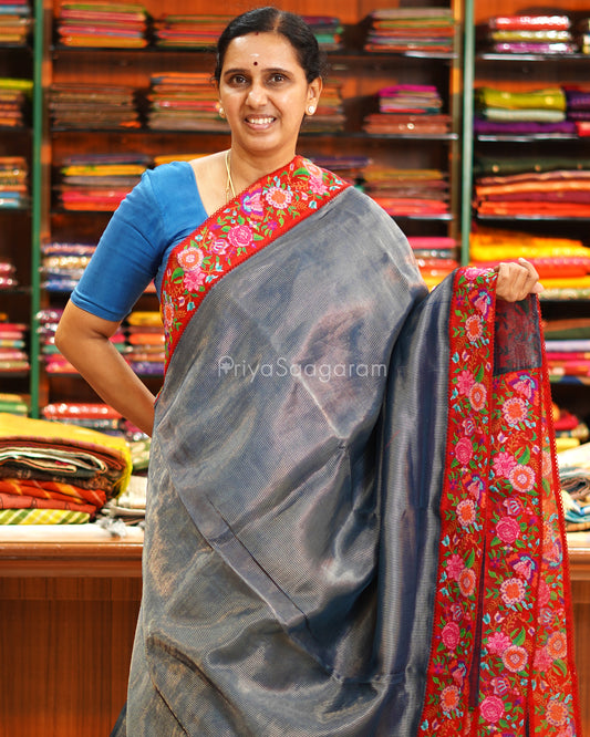 Blue Embroidery Tussar Border Kora Silk - PE6456
