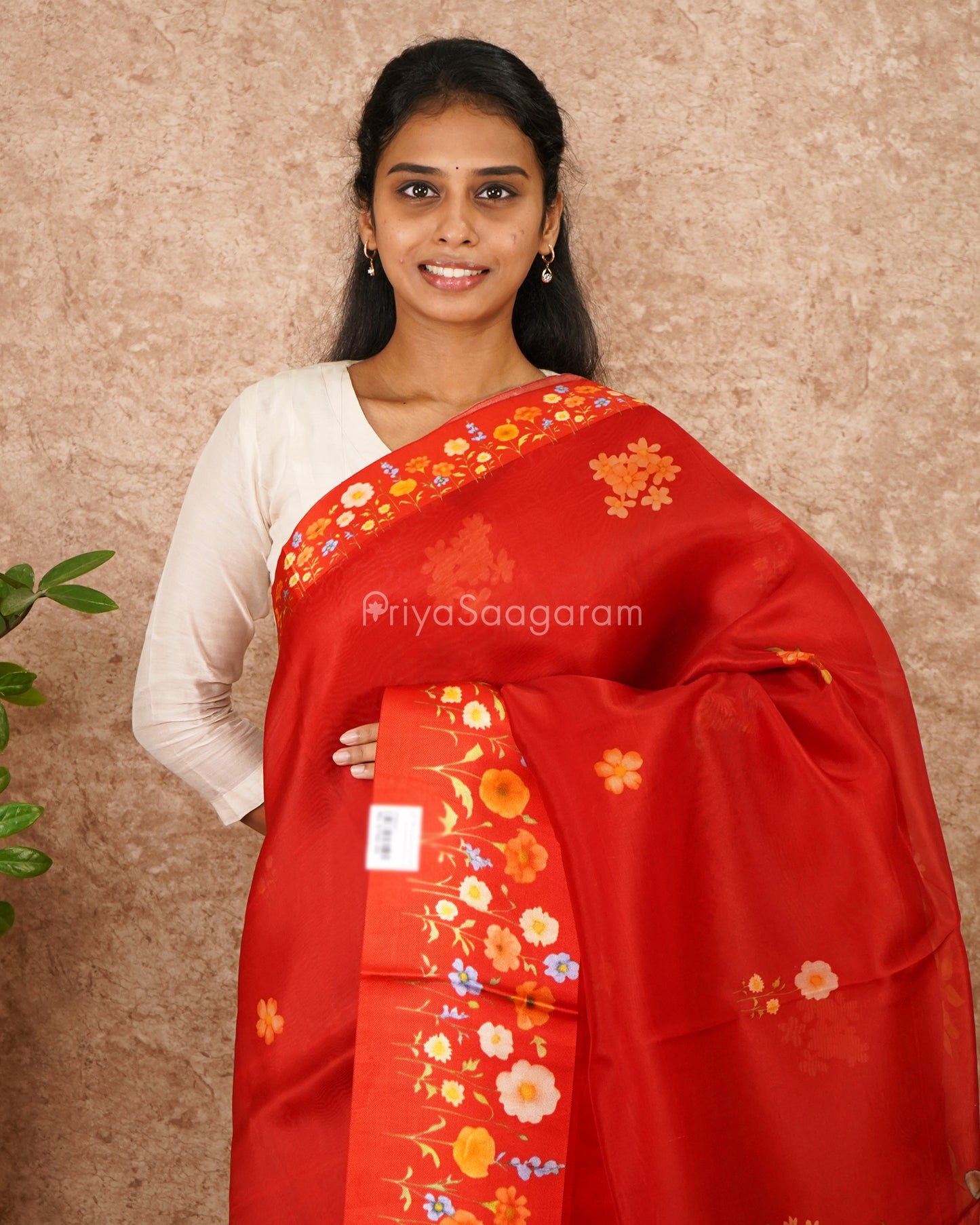 Red Floral Satin Border Kora Silk - PD4551