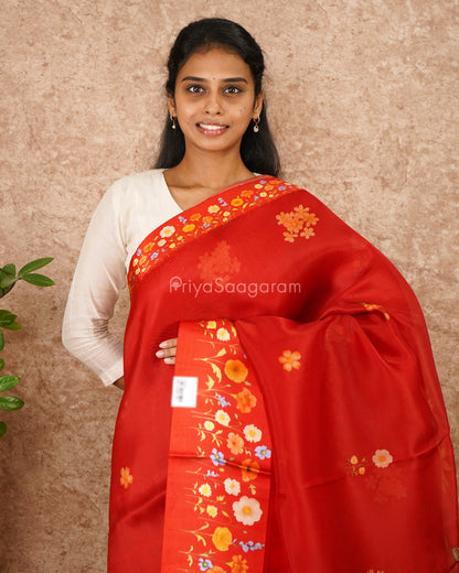 Red Floral Satin Border Kora Silk - PD4551