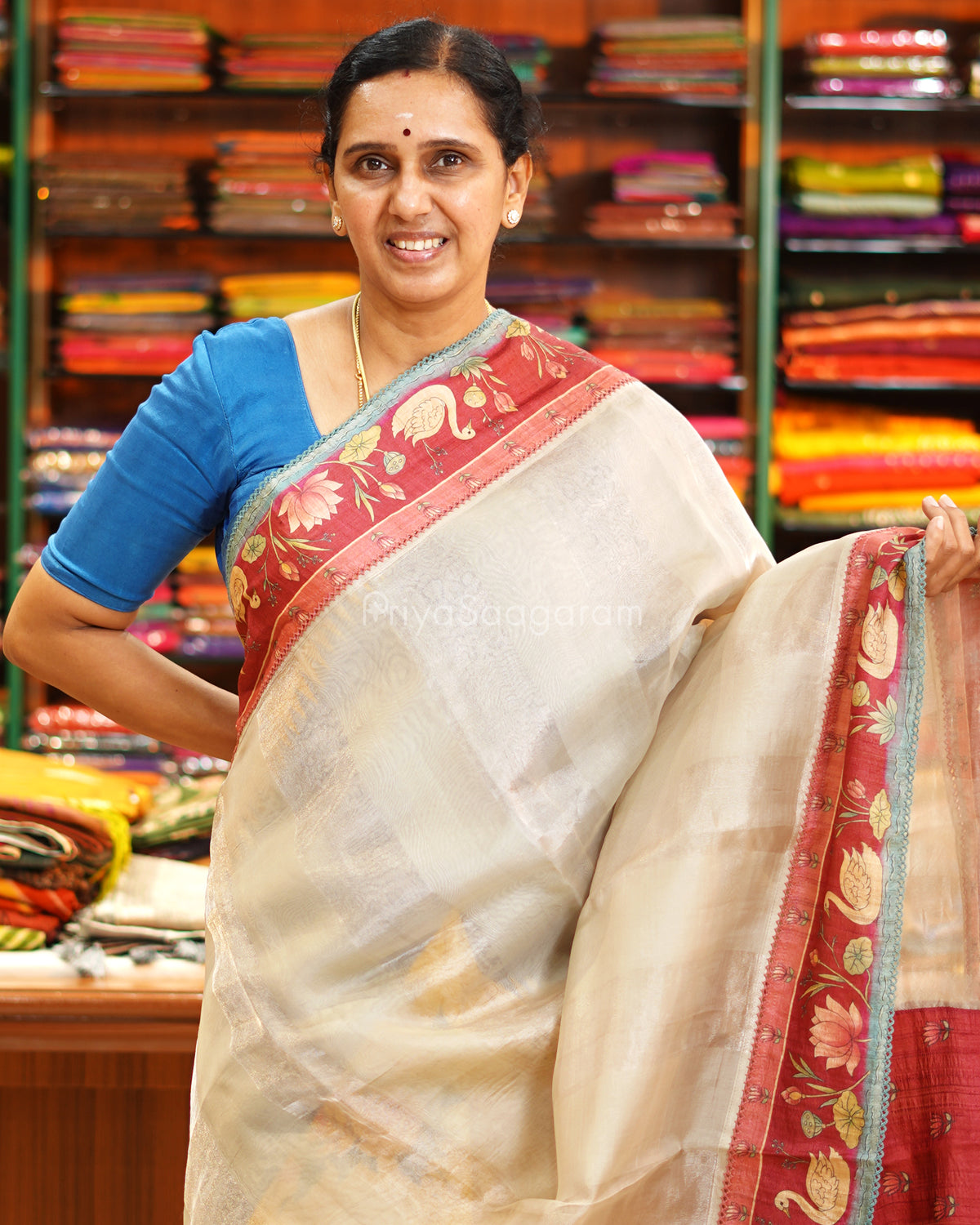 Ivory Printed Tussar Border Kora Silk - PE6532