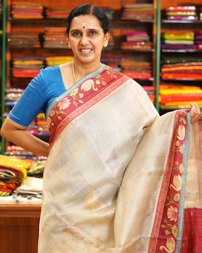 Ivory Printed Tussar Border Kora Silk - PE6532