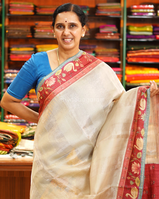 Ivory Printed Tussar Border Kora Silk - PE6532