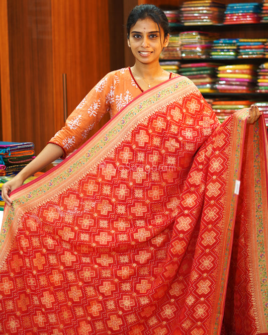 Red Minakari Bandhani Banaras Crepe Silk - PE343