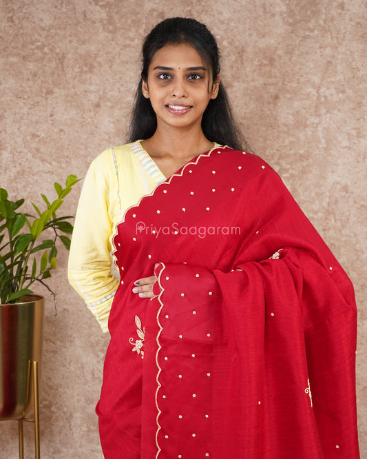 Chilli Red Stone Work Tussar - PD5018