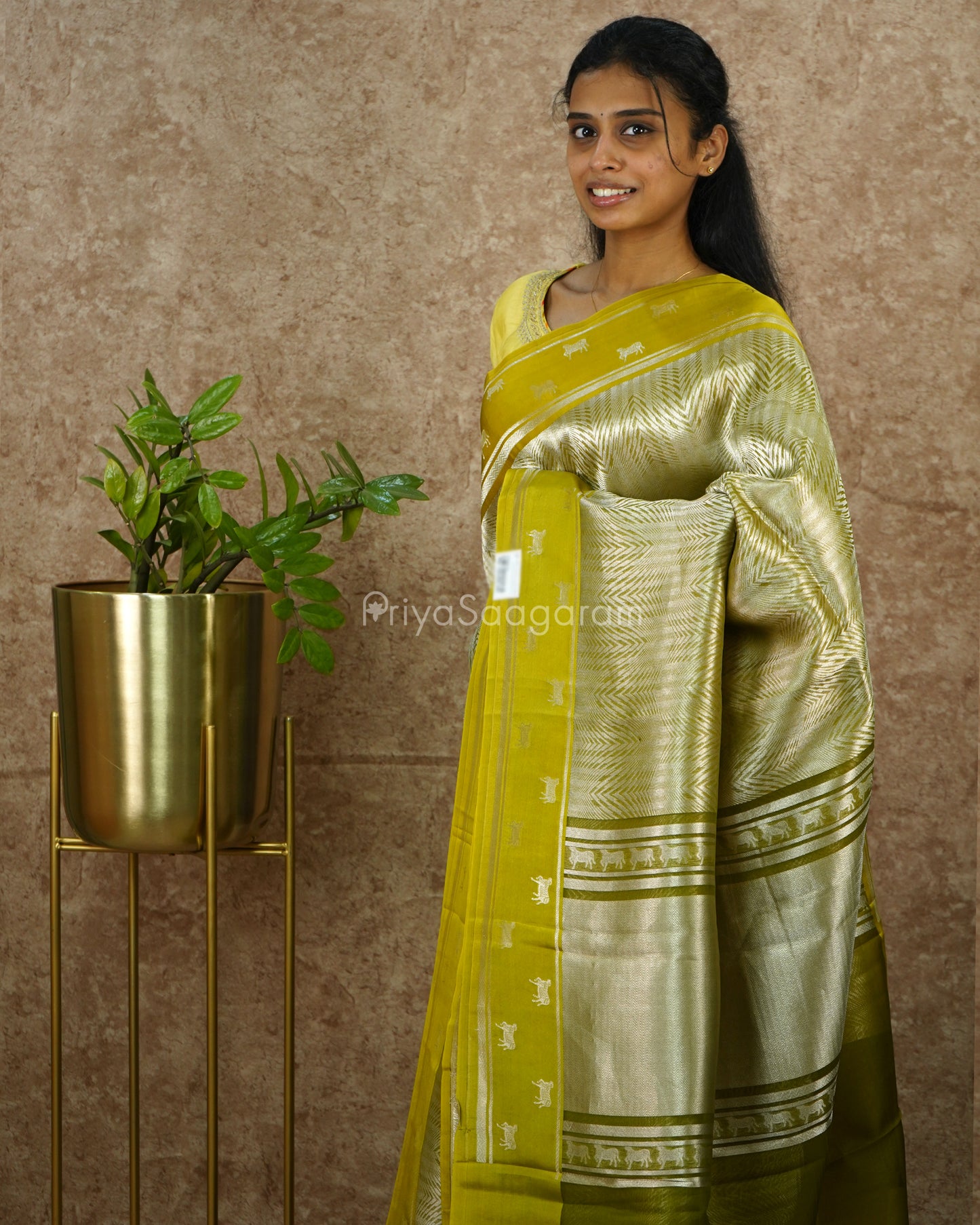 Green Geometric Weaving Raw Mango Silk - PD3914
