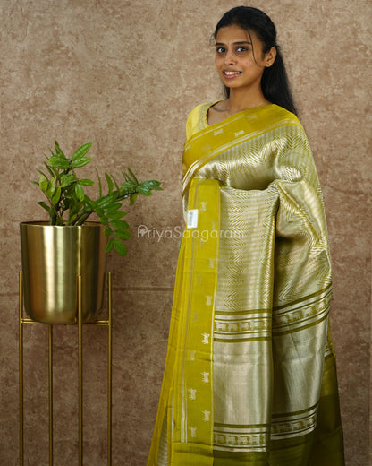 Green Geometric Weaving Raw Mango Silk - PD3914
