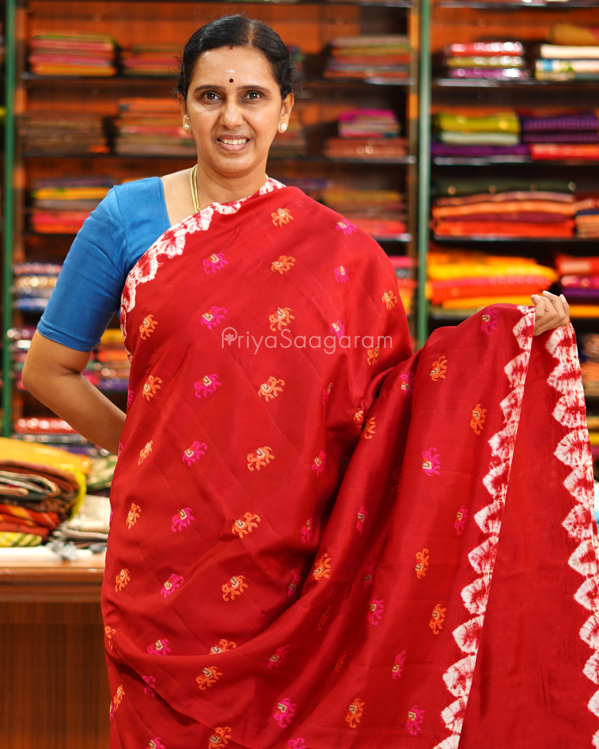 Red Embroidery Bandhani Raw Mango Silk - PE6490