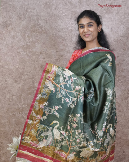Bottle Green Aari Work Tussar - PC3398