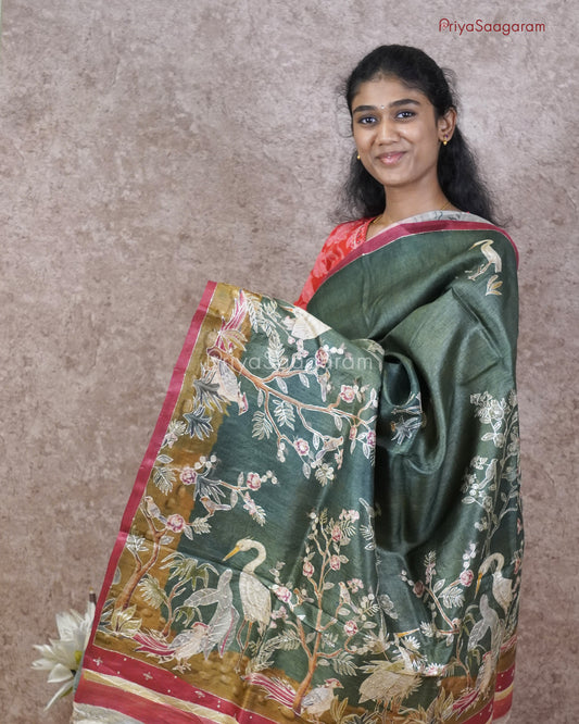 Bottle Green Aari Work Tussar - PC3398