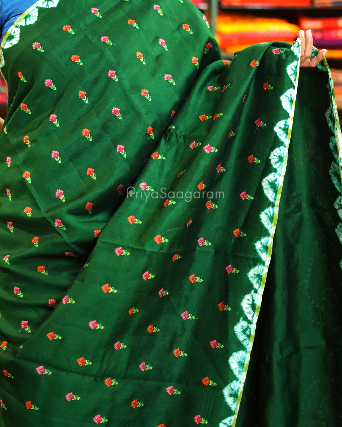 Green Embroidery Bandhani Raw Mango Silk - PE6489