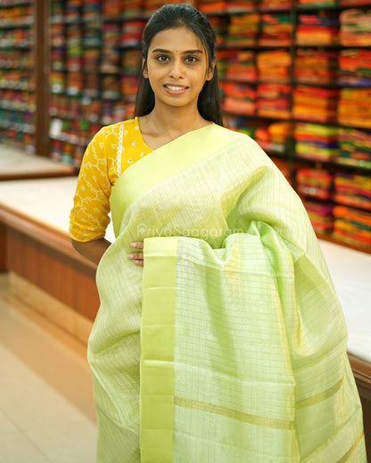 Green Satin Border Checked Tussar - PE2784