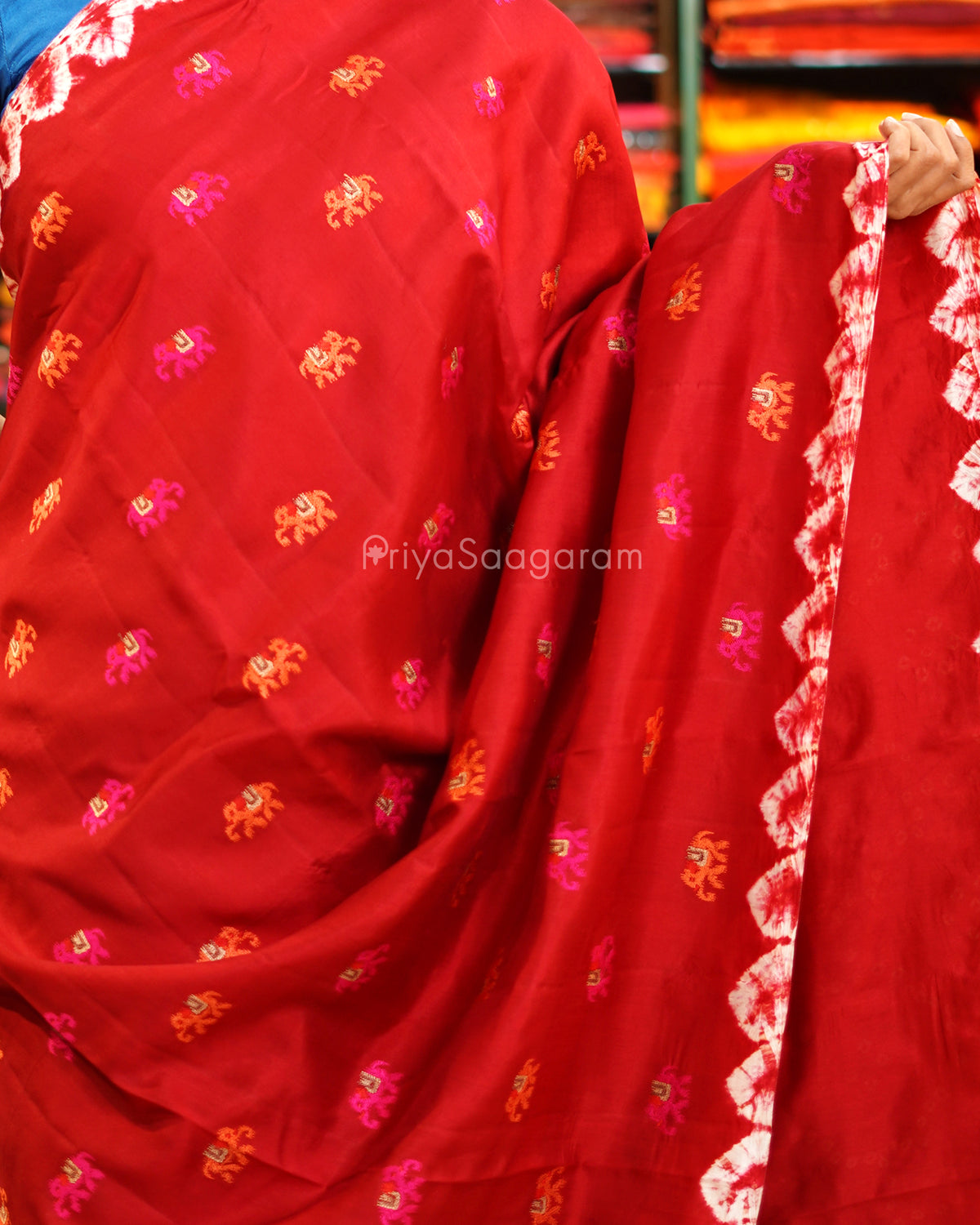 Red Embroidery Bandhani Raw Mango Silk - PE6490