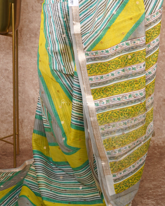Blue Green Handpainted Chanderi Cotton - PD4907