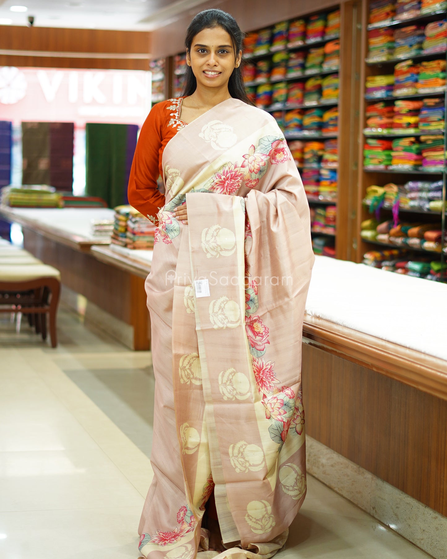 Nude Pink Floral Aari Work Tussar - PD802
