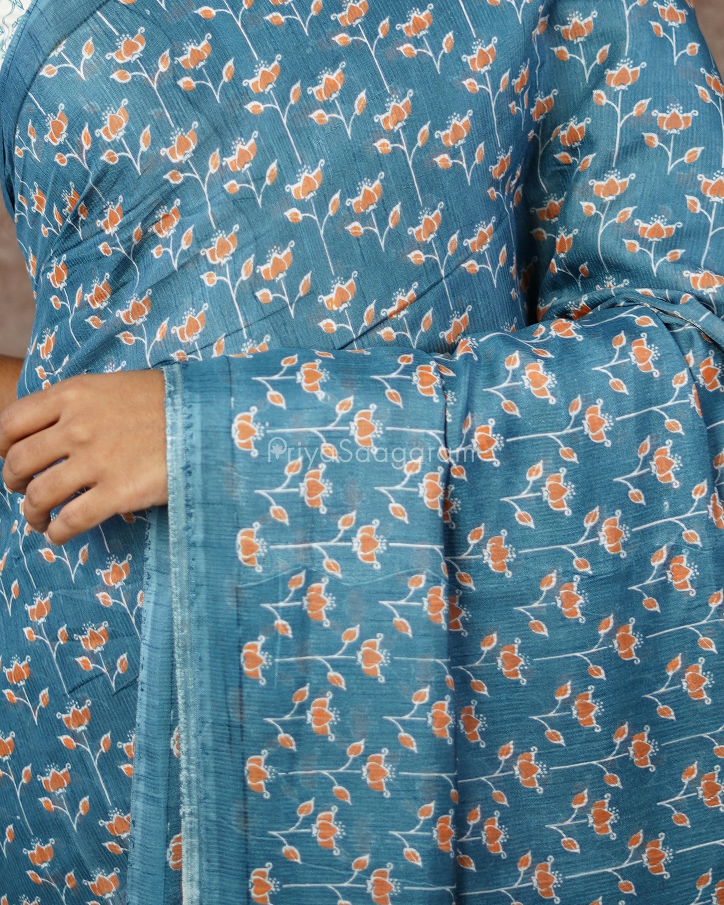 Floral Printed Blue Chanderi - PD572