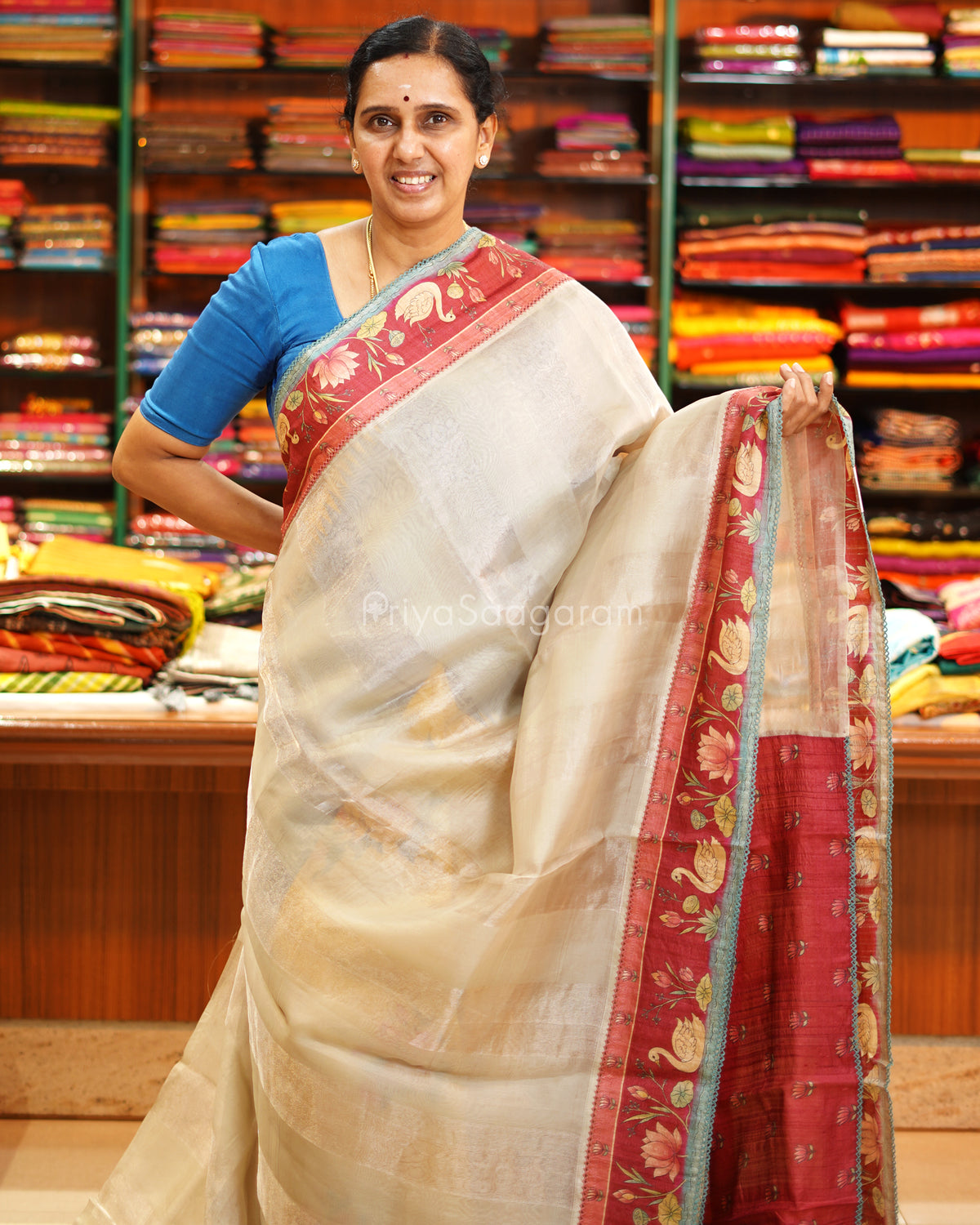Ivory Printed Tussar Border Kora Silk - PE6532