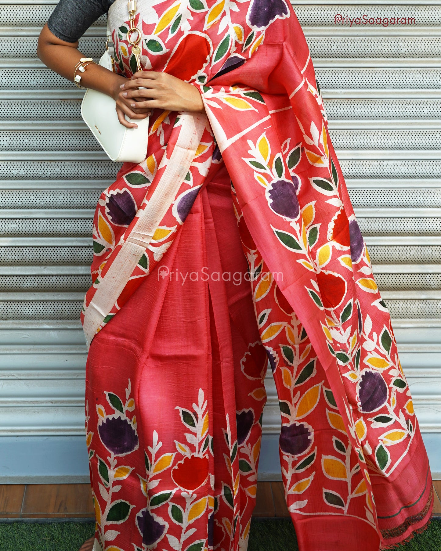 Red Handpainted Murshidabad Tussar - PD598