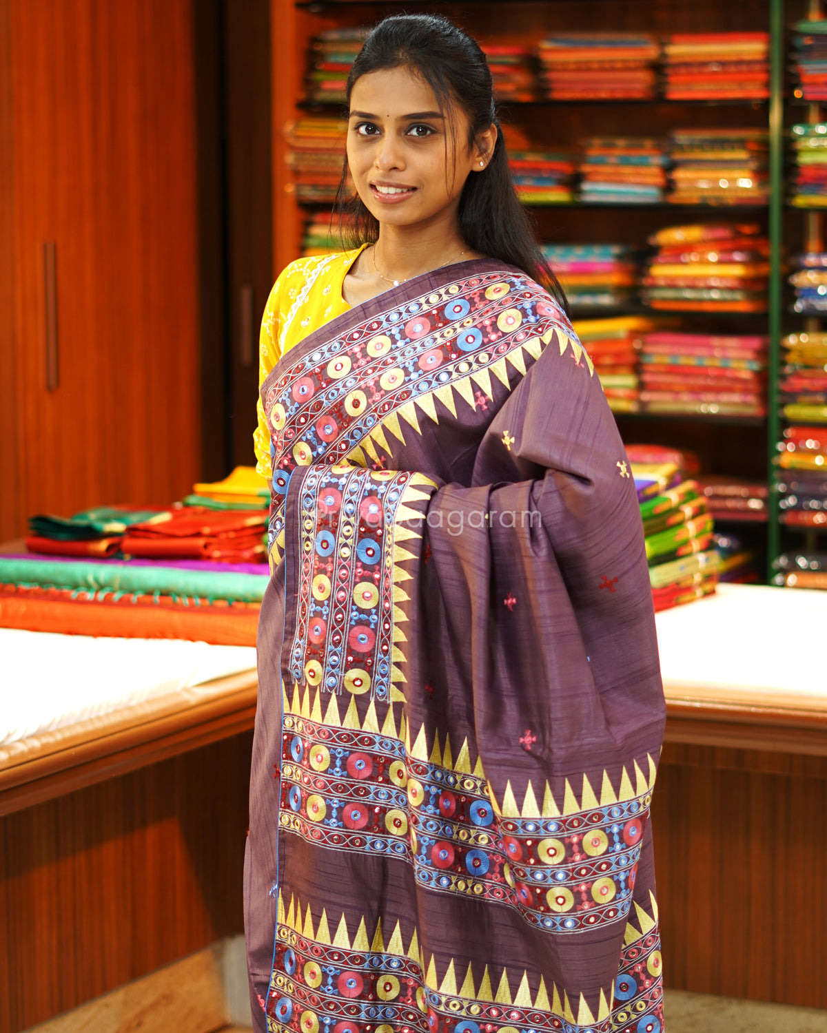 Brownish Purple Lambani Work Tussar - PE388
