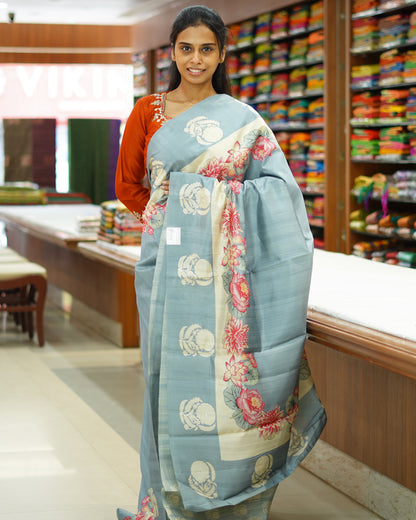 Sky Blue Floral Aari Work Tussar - PD806